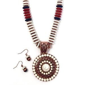 Beaded Coppertone Medallion Flat Disk Necklace & Earring Set, Coppertone